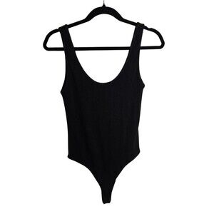 Vince Black Textured Ribbed Knit Thong Bodysuit Scoop Neck Low Cut Back Size M
